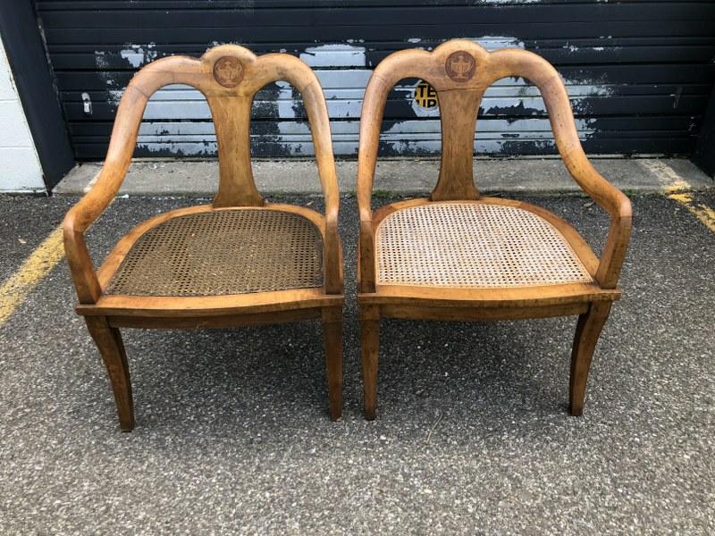 Pair wonderful decorative armchairs with inlid urns on backs, caned seats intact. From Vermont: Pair wonderful decorative armchairs with inlid urns on backs, caned seats intact. From Vermont estate, chairs measure 23" acrossâ€¦..Great looking pairâ€¦..
