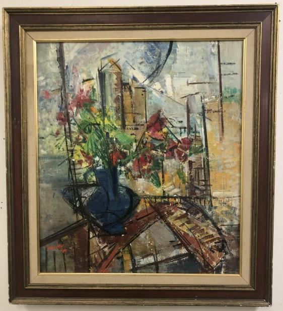 Mid Century impressionist o/c titled ( Blue Vase ), written on back stretcher, signiture is (1 of 5)