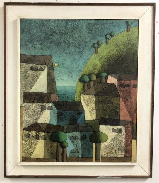 Mid Century impressionist o/c landscape with buildings & trees in foreground, and sea in background, (1 of 4)