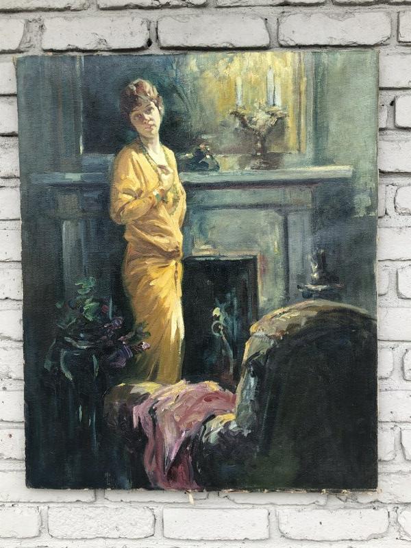 Wonderful portrait of woman standing in front of fireplace, unsigned, circa 1930's or 40's, also on (1 of 5)