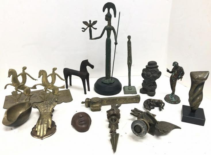 Estate lot older bronze, brass & metal object, figures, etc. Largest figure measures 12" high to (1 of 12)