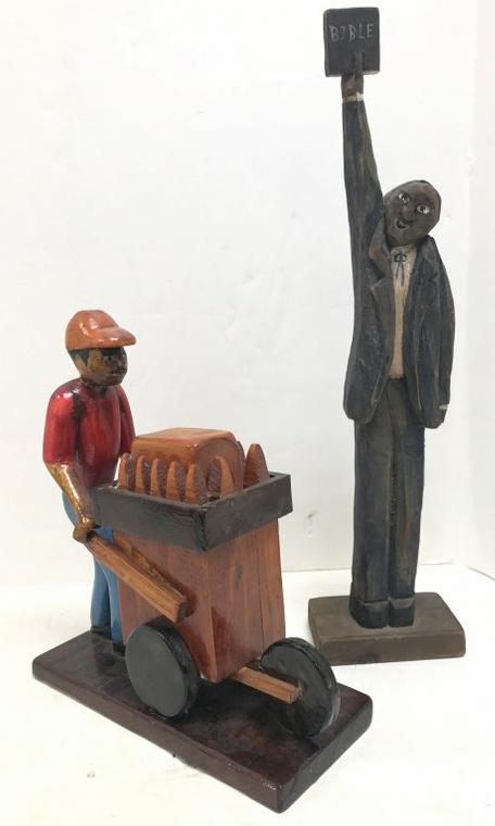 (2) pcs. Folk art carved figures including snow cone vendor & Man holding the Bible in the air, this (1 of 8)