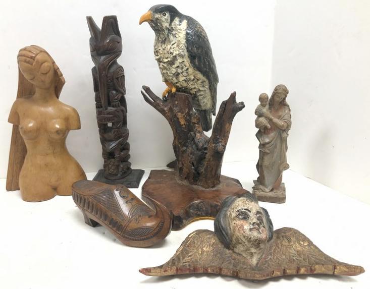(7) pc. Folk art wood carved figures includes painted bird on a branch, Nouveau stylized nude woman,: (7) pc. Folk art wood carved figures includes painted bird on a branch, Nouveau stylized nude woman, totem pole, Indian shoe, angel head & wings, Man eating a sandwich measuring 14.75" high, (missing 