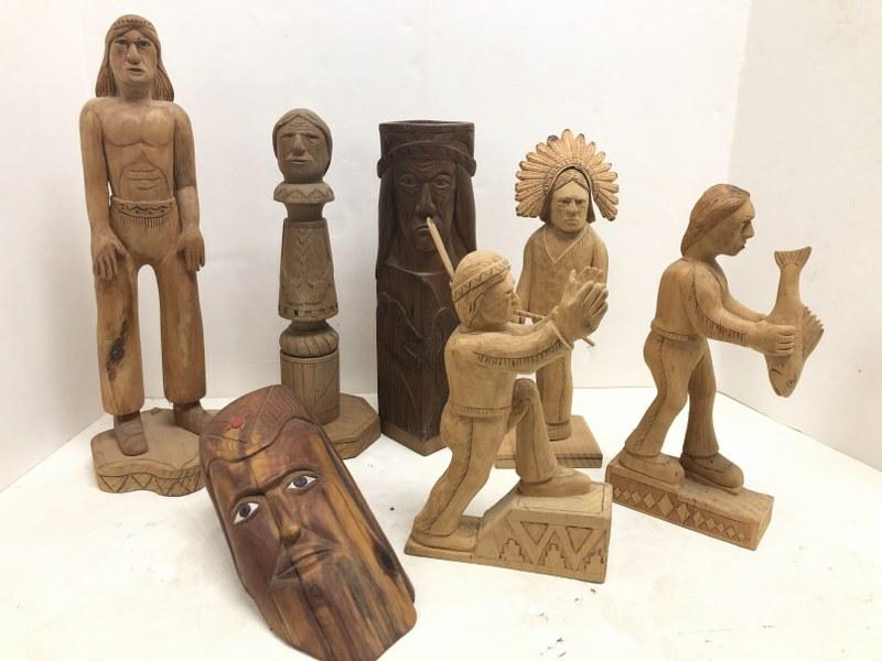 J Balazs (Hudson NY ) folk art wood carvingsof Indians, including (2) totem poles, the earliest is (1 of 10)
