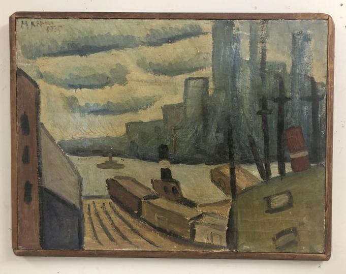 Impressionist o/c signed ( Marano  ) cityscape with boats in foreground, needs cleaning, small hole (1 of 3)