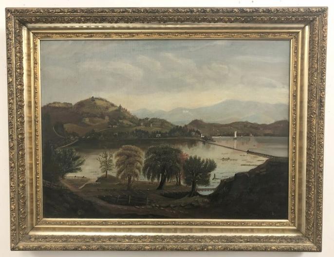19th c Hudson River style landscape with river, mountains 9n background, houses, boats on water. (1 of 6)