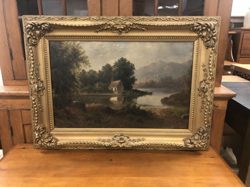 Nice 19th c landscape with cottage on river, cows grazing, ( possibly an older relining, small spot (1 of 5)