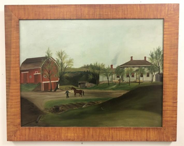 Wonderful folky primitive farm landscape, early 19th c (?) in later contemporary frame, unsigned. (1 of 5)