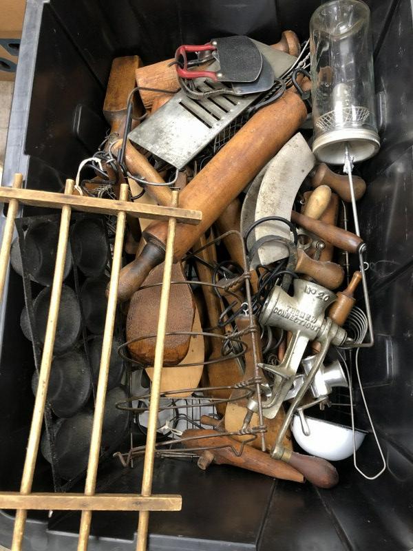 Large lot old kitchen utensils & accessories, most wood, other metalware mixed in, hung in the (1 of 5)