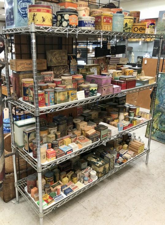 Huge lot old advertising boxes, tins, etc. from Woodstock, N.Y. estate of The Woodstock General (1 of 18)