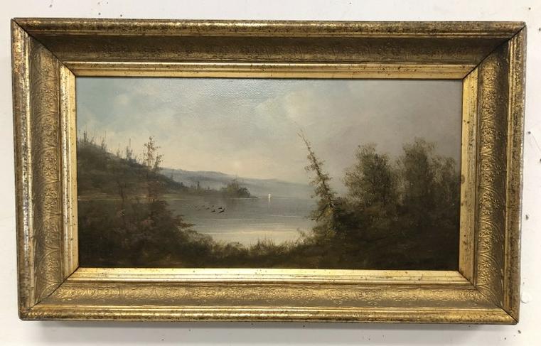 Circa 1900 o/b landscape with waterand mountains in background, possibly Lake George (?). In nice (1 of 4)