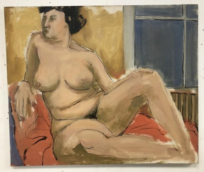 Arno Maris impressionist o/c nude woman, signed on back as pictured, canvas measures 25" x 30".: Arno Maris impressionist o/c nude woman, signed on back as pictured, canvas measures 25" x 30". From Hudson, N.Y. estate of noted Art Collector Albert Burnette Roberts (1932-2021). His 40 year collect