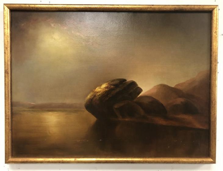 Circa 1910 o/c landscape with large rocks by the edge of the water, unsigned, in a contemporary gold (1 of 2)