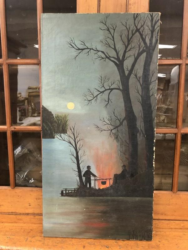 Circa 1910 o/c (2) men cooking over the fire by the water on a moon lit night, nice folk art feel, (1 of 3)