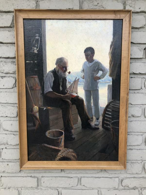 Circa 1910 o/c illustration with older man holding a pond boat, with boy listening â€¦.unsigned, (1 of 3)