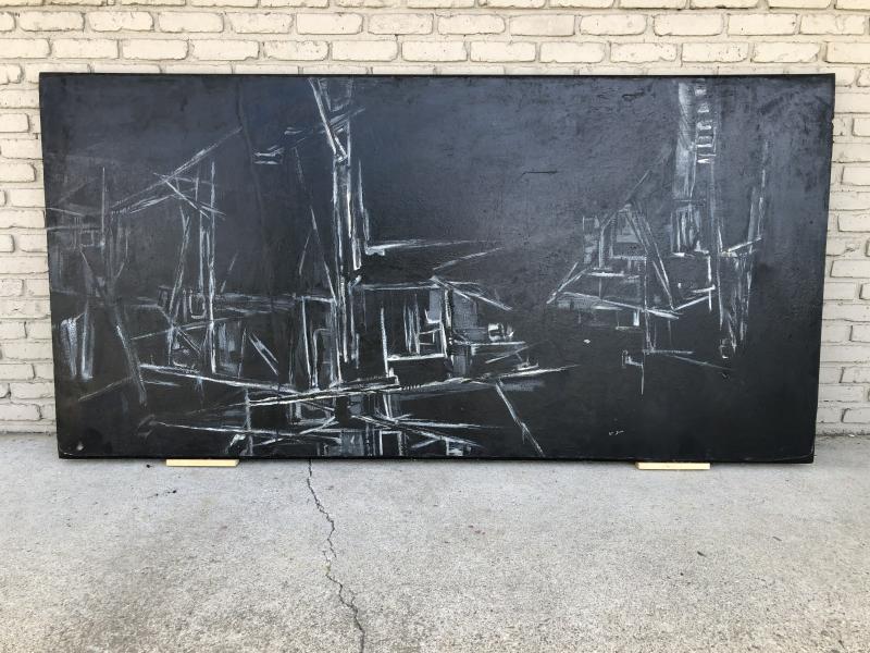 William Dorr large oil on wood panel abstract titled ( FALL OF THIS HERO ) signed on back & front, (1 of 7)