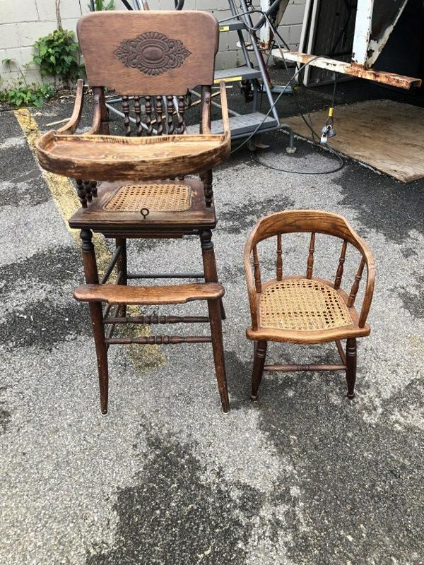 Circa 1900 childs oak high chair & oak caned seat childs captain chair. (1 of 1)