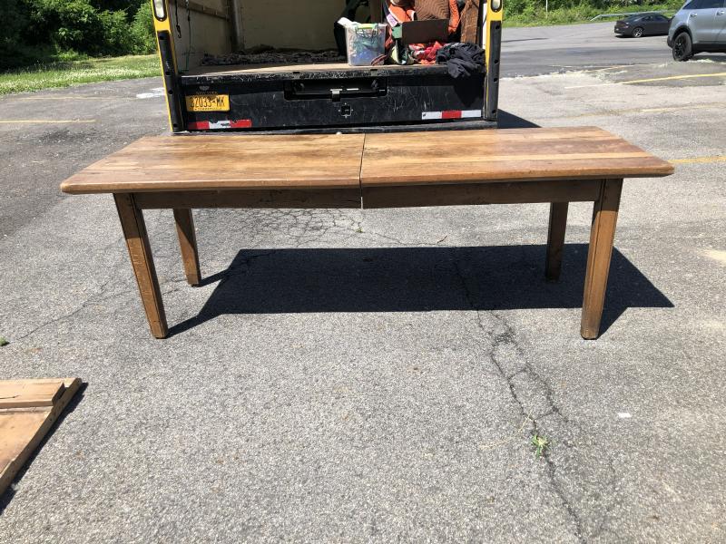 Old walnut re worked farm table with leaf, just as we found it, was cut and slider extensions added: Old walnut re worked farm table with leaf, just as we found it, was cut and slider extensions added underneat to accomodat the leaf, if need be. Without leaf it measures 88" long x 33.5" wide x 30" hi