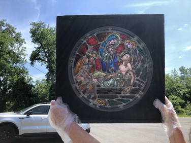 Old church stained glass window with Jesus, Mary & 2 figures, in wood frame. ( I see one small crack (1 of 3)