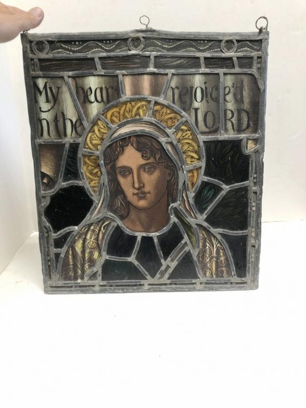 Old church stained glass window ( Mary ? ), in nice overall condition, leaded frame measures 18" x (1 of 2)