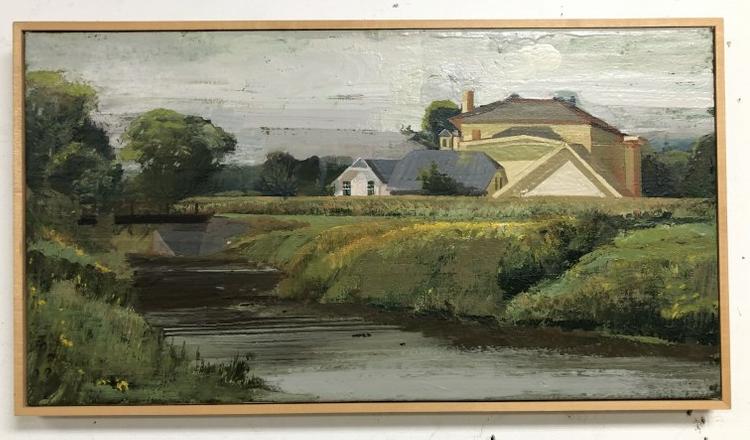 Harry Orlyk ( b 1947 ) o/c landscape with house & buildings in background, & stream in foreground. (1 of 2)