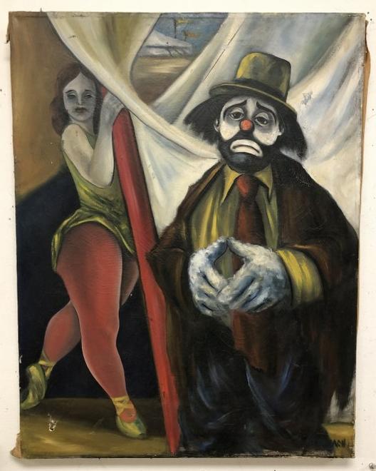 o/c clown & female performer signed STRONACH lower right, small tear in canvas lower left & just (1 of 4)