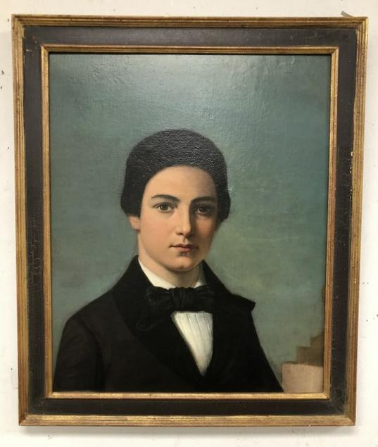 19th portrait of young man, o/c laid on panel, cleaned, unsigned in decorative frame, painting (1 of 2)