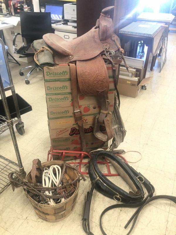 Estate saddle & horse related accessories from Hudson Valley estate, unsure of maker, with red (1 of 8)
