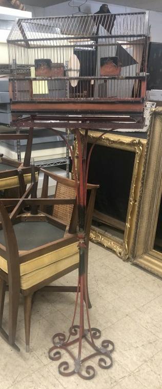 Estate floor birdcage on stand, old red paint, structurally sound and just as we found it, measures (1 of 3)