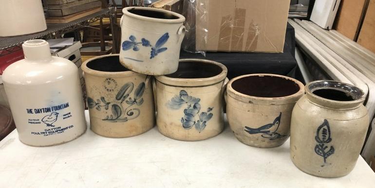 (6) pcs. As is blue decorated stoneware, cracks, chips, old repairs, holes drilled on bottom of one, (1 of 4)
