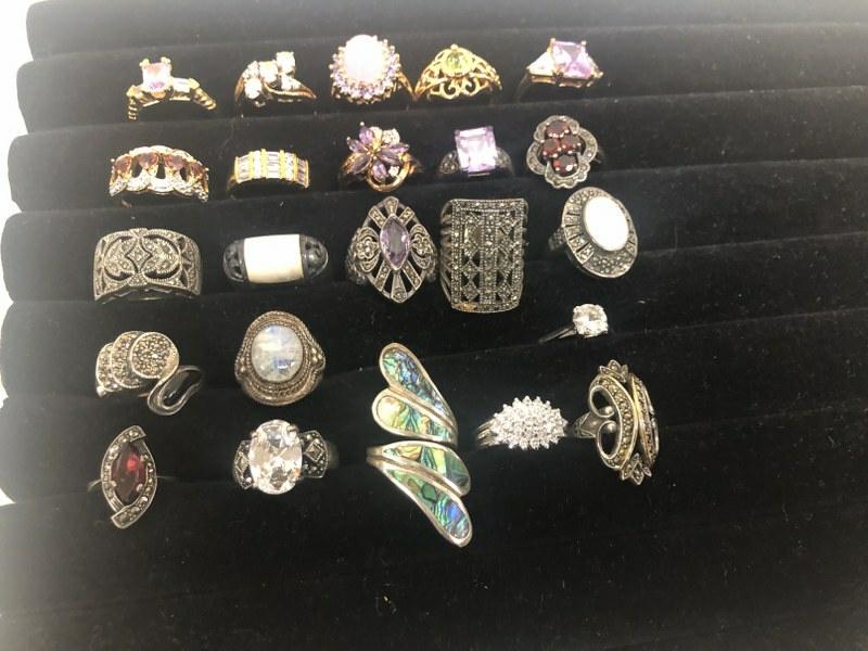 (23) sterling silver rings, some with gold wash, all marked sterling or 925, from local estate, some (1 of 2)