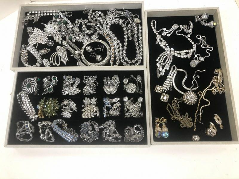 (3) trays vintage rhinestone jewelry from very nice local estate, includes necklace & earrings sets, (1 of 8)