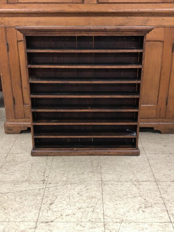 Circa 1900 oak hanging shelf, possibly for shaving mugs (?), measures 31.5" x 30" wide x 4.75" deep, (1 of 3)