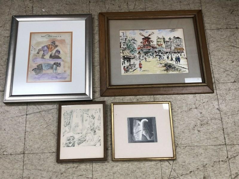 Misc. estate artwork lot incl. Fred Brighton Mpulin Rouge, watercolor on hotel stationary of figures (1 of 6)