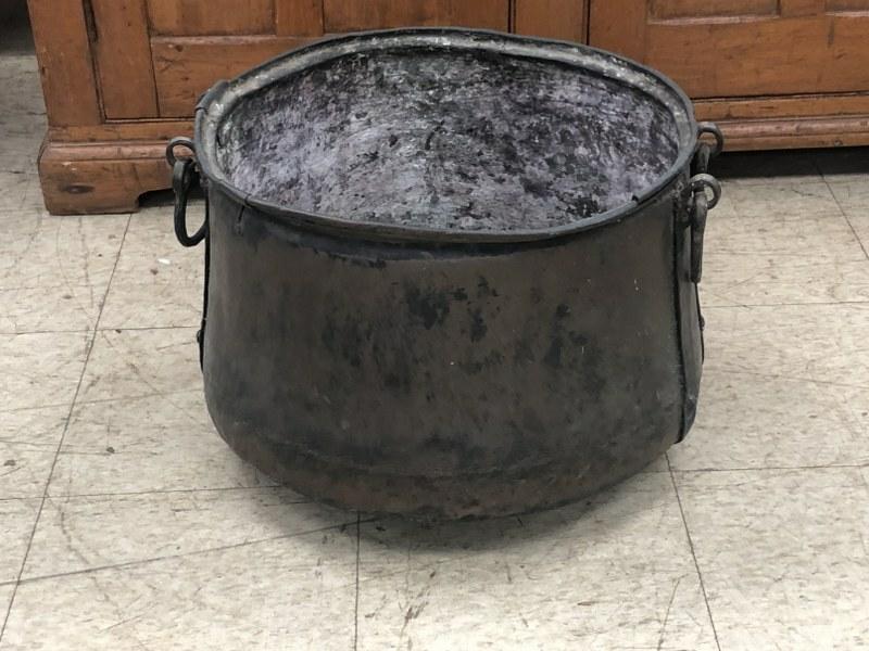 Big older copper handled pot, some dings, old patina, measures 13" high x 18" across. (1 of 3)