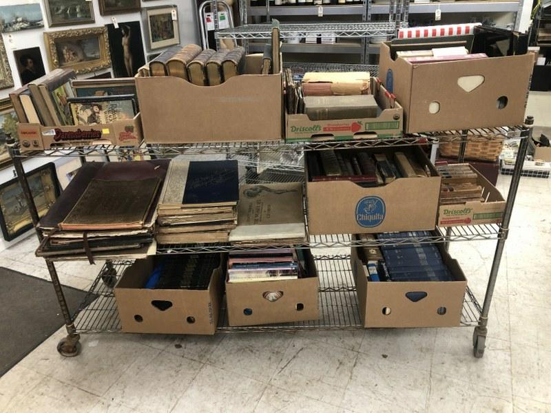 Big estate cart lot older books, early leather books, reference, history, childrens, art related, (1 of 14)