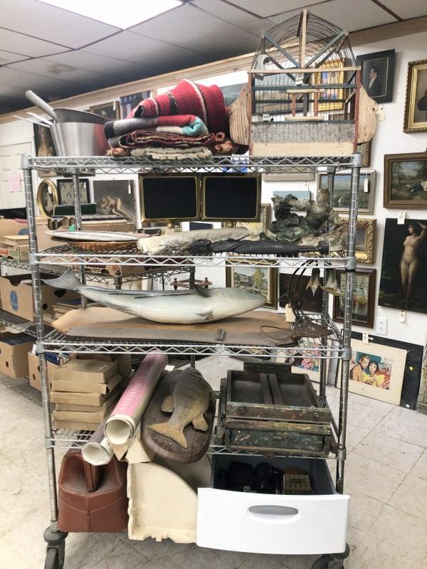 Estate cart lot interesting goods incl. camera & accessories, folky items, hanging shelf, doctors (1 of 16)