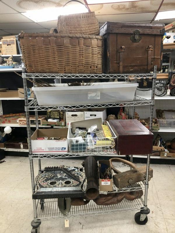 Estate cart lot incl.folk art carved African sculpture, small yoke, old costume jewelry, instrument, (1 of 11)