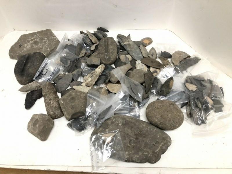 Estate lot as found Indian heads & other stone implements, have letters on them for identification, (1 of 17)