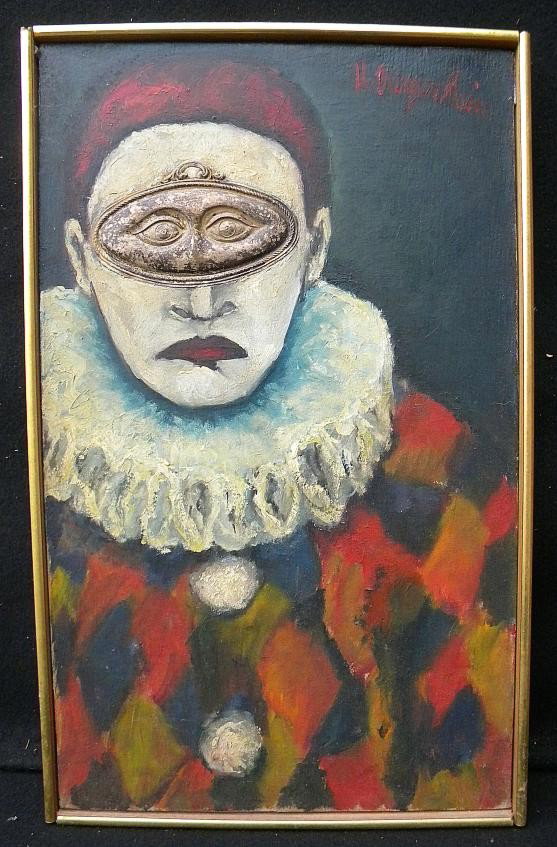 HERBERT MAGENHEIM O/C CLOWN WITH MASK: HERBERT MAGENHEIM O/C CLOWN WITH 3 DIMENSIONAL MASK, SIGNED UPPER RIGHT, CIRCA 1960'S. MEASURES 20" X 12 1/2". FROM THE DOROTHY POLLOCK COLLECTION