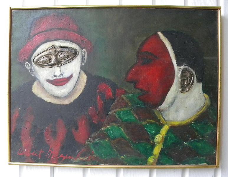HERBERT MAGENHEIM O/C CLOWNS & MASK MID CENTURY: HERBERT MAGENHEIM O/C CLOWNS & MASK MID CENTURY PERIOD,THE MASK & EAR ARE OF A METAL LIKE MATERIAL. CANVASS MEASURES 18" X 24". FROM THE DOROTHY POLLACK COLLECTION.