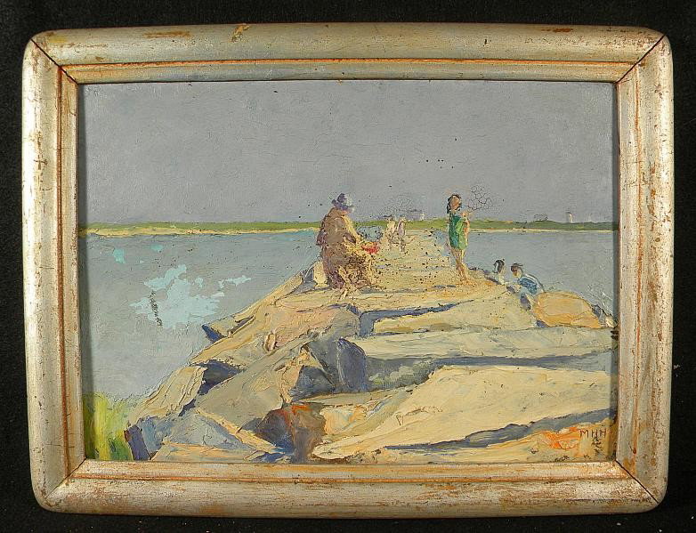 MARTHA HARRIET HOKE 1861-1939, O/B, INITIALED CAPE: MARTHA HARRIET HOKE 1861-1939, O/B, INITIALED, CAPE COD SCENE W/PEOPLE ON ROCKS, IMPRESSIONIST, MEASURES 10" X 14", FRAMED, SOME PAINT CRACKLING