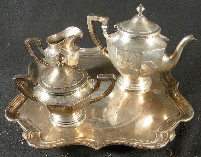 STERLING SILVER 4 PC TEA SET W/TRAY, MARKED ON BO: STERLING SILVER 4 PC TEA SET WITH TRAY, MARKED ON BOTTOM AS PICTURED, WEIGHS 117.5 OZ.