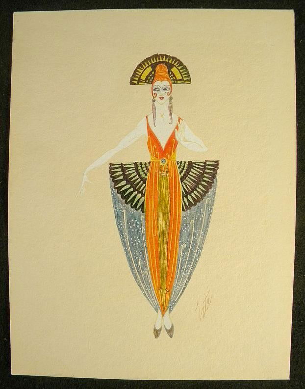 ERTE SIGNED WATERCOLOR FROM ESTATE: ERTE SIGNED WATERCOLOR FROM ESTATE, TAKEN OUT OF FRAME AND PHOTOGRAPHED. MEASURES 7" X 5".