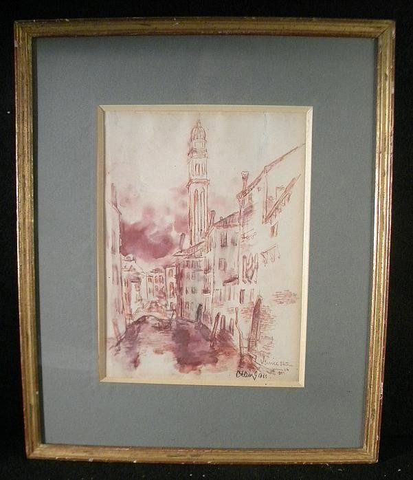 CHAIM GROSS WATERCOLOR/GOUACHE VENICE DATED 1949: Chaim Gross watercolor / gouache of Venice, dated 1949, nicely framed and matted. Measures 10" x 8". Upper right corner is a small light surface tear.