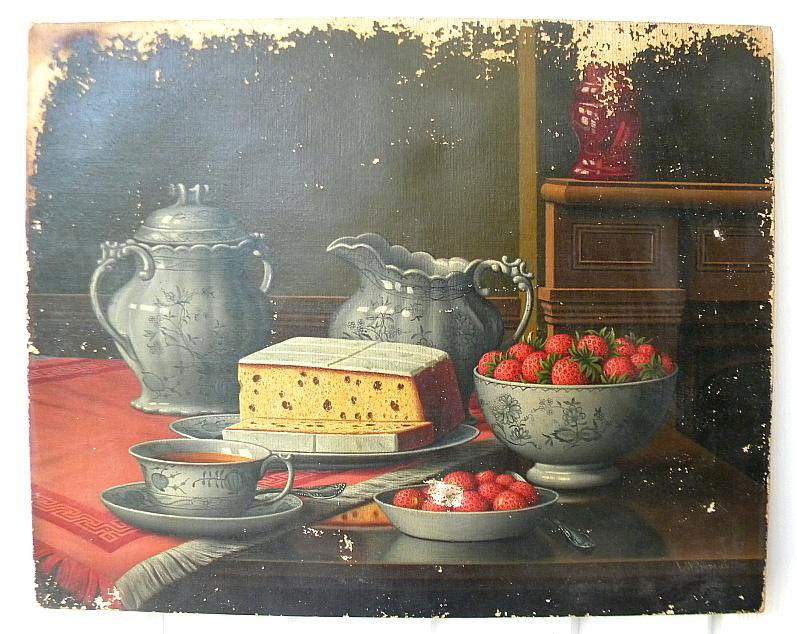 LEVI WELLS PRENTICE O/C STILL LIFE WITH STRAWBERR: We are fortunate enough to be selling a fresh to the market estate of an eclectic Albany, N.Y. estate. Furniture, artwork and decorative accessories have been in storage for years, and will be offered