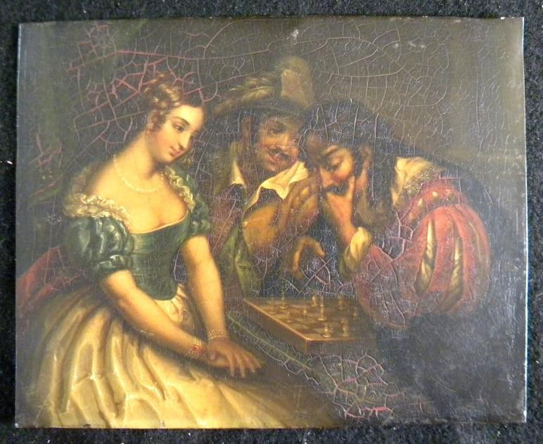 EARLY EUROPEAN OIL ON TIN MEN & WOMAN AT CHESS BO: EARLY EUROPEAN OIL ON TIN MEN & WOMAN AT CHESS BOARD. HAS USUAL CRACKLING GLAZE, MEASURES 7 1/2" X 9 1/2". LABEL ON BACK, CAN NOT MAKE OUT THE WRITING.