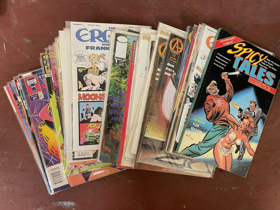 50+ contemporary adult and cheesecake comics. Includes Torchy, Scorchy, Spicy Tales, The Erotic: 50+ contemporary adult and cheesecake comics. Includes Torchy, Scorchy, Spicy Tales, The Erotic Worlds of Frank Thorne, Penthouse Comics, Hustler Comics, and more. Most were bagged. See photos for fur