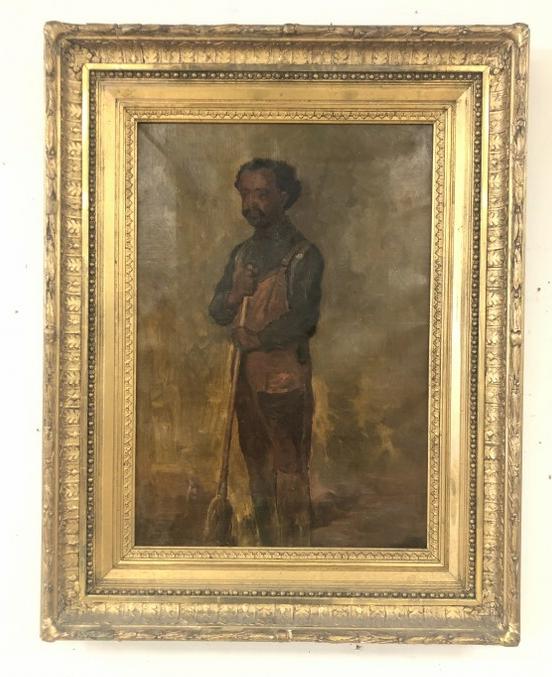 Circa 1920 o/c Black man holding broom, unsigned, relined at some point, in circa 1900 frame, has (1 of 3)