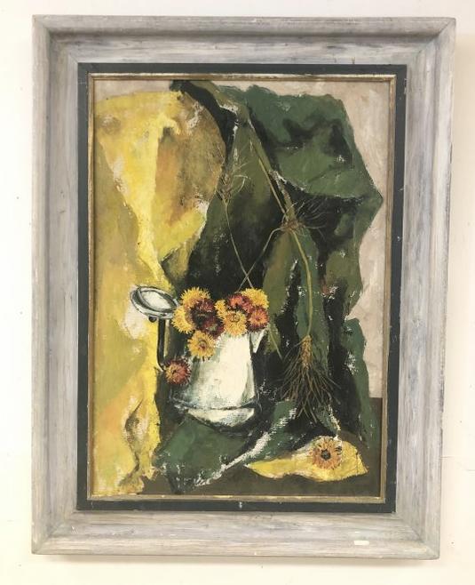 Mid Century period o/c floral still life, has tear in canvas upper right center area, small paint: Mid Century period o/c floral still life, has tear in canvas upper right center area, small paint flake, written on canvas is ( Maggie Schneider ), painting measures 32" x 23", in painted frame of the